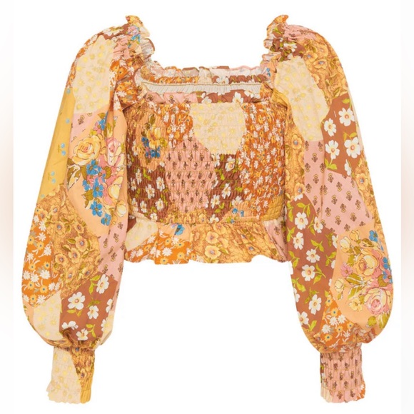 Spell x Free People Freda Shirred XS Yellow Organic Cotton Patchwork Smocked Top - Picture 8 of 16